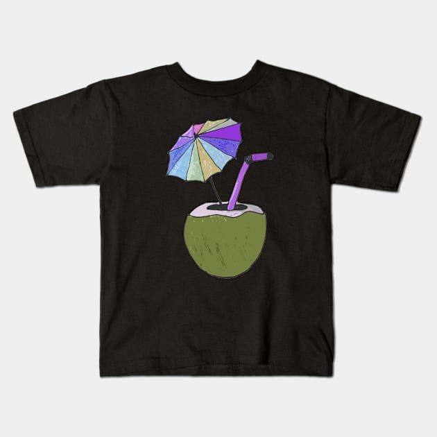 Hand drawn coconut drink with colorful umbrella drink Kids T-Shirt by WatercolorFun